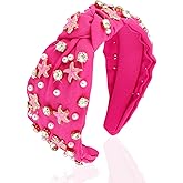 Atoden Hot Pink Headband with Pearl, Rhinestone, Beaded Crystal Jeweled Headbands for Women's Hair Embellished Headbands, Top Knot Headband (Starfish, 1 Count)