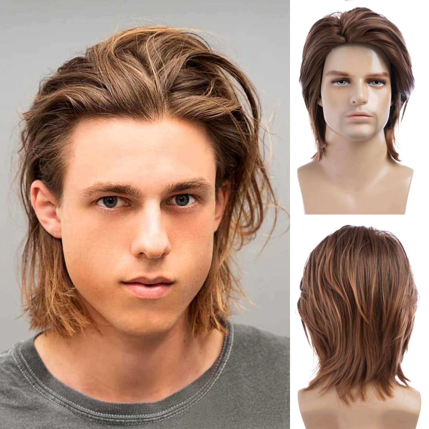 Photo 1 of Wiwige Mens Brown Wig Short Fluffy Natural Hair Synthetic Halloween Cosplay Costume Party Full Wigs