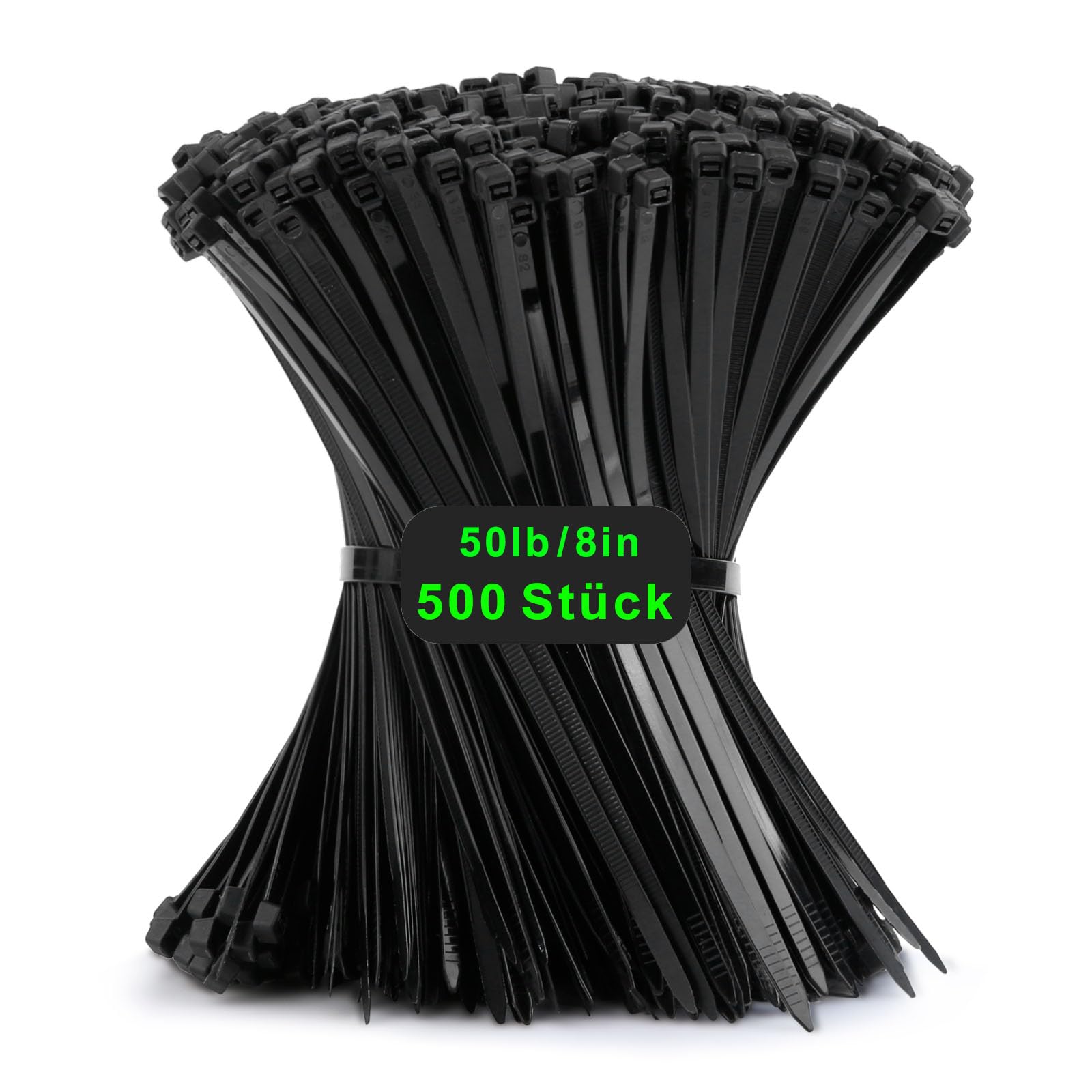Pack of 500 Black Cable Ties, 200 mm x 4.8 mm Nylon, 22 kg Tensile Strength, UV Resistant, Self-Locking Industrial Zip Ties for Cable Management