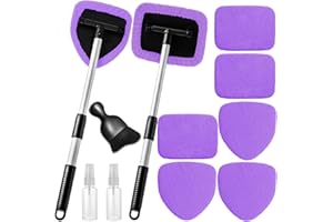 Qydipclin 11pcs Windshield Cleaner Tool, Car Window Cleaning Wash Kit with 6 Reusable Microfiber Pads 2 Spray Bottles and Extendable Handles Auto Glass Wiper Kit, Purple
