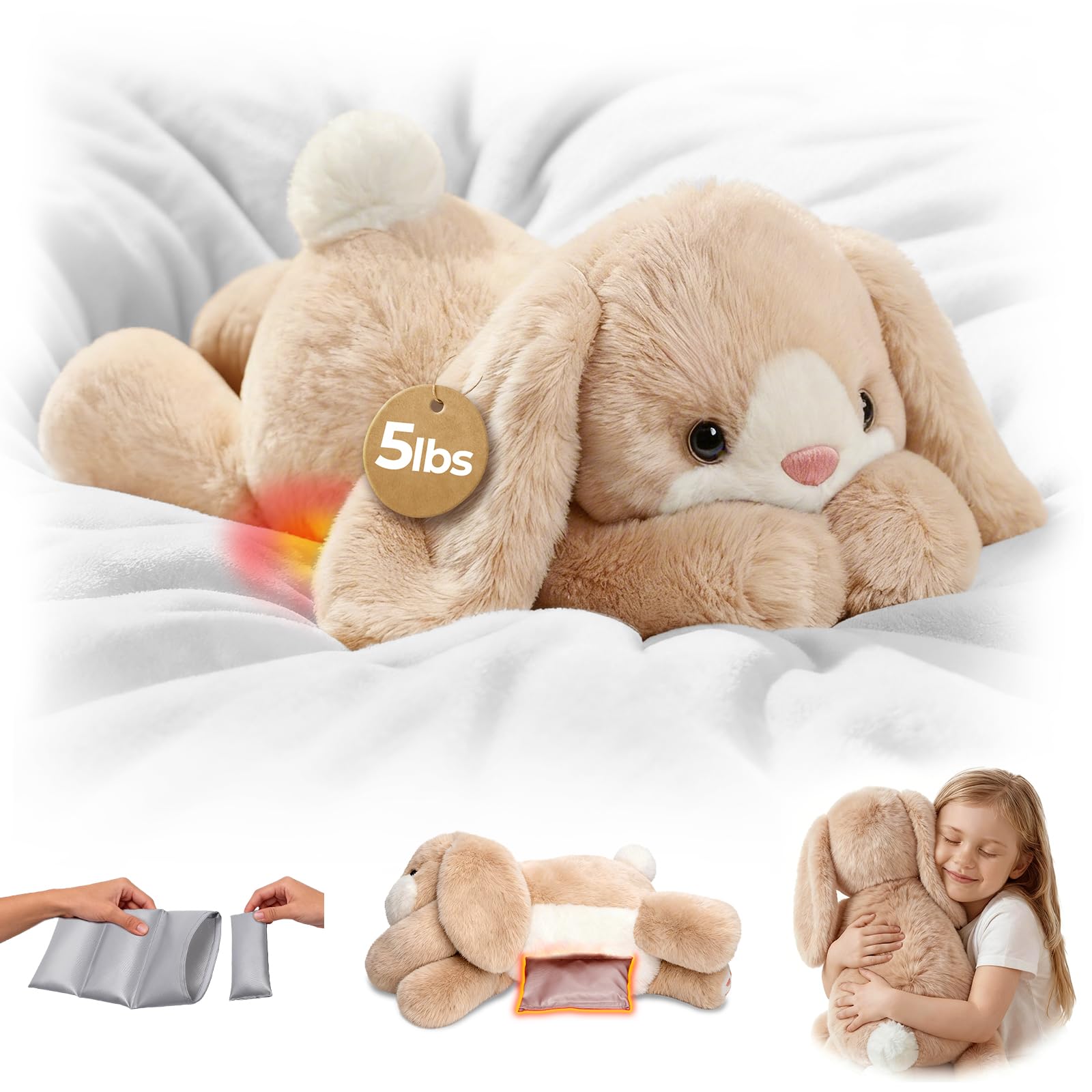 Mewaii Weighted Teddy Stuffed Animals for Adults & Kids, 2.3KG 58CM Heatable Coolable Bunny Plush, Microwavable Adjustable Removable Inner Pad, Realistic Hug Comfort Easter Gift (Cream White)