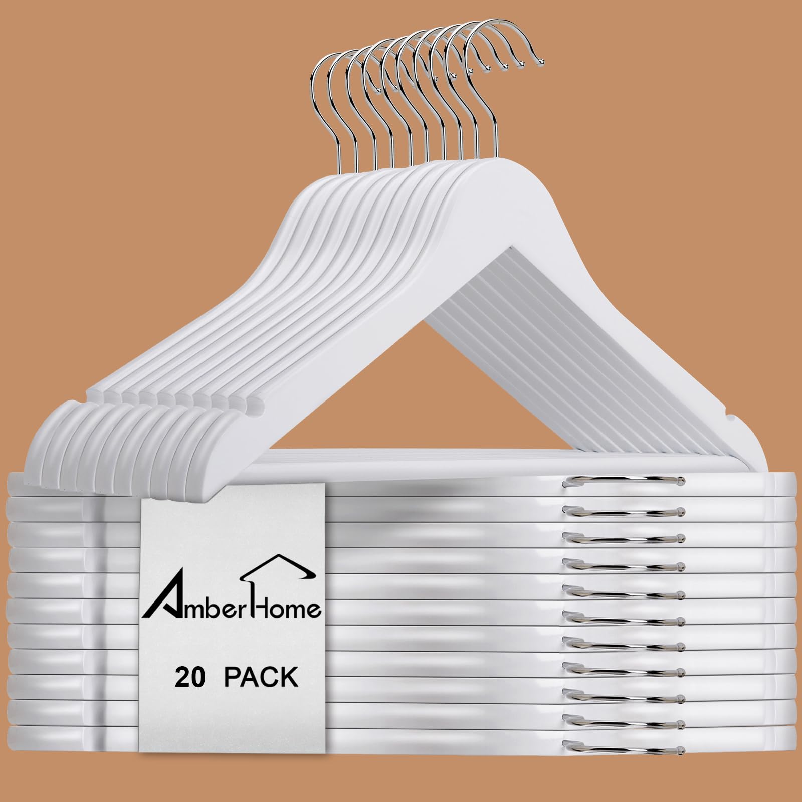 Amber Home 44.5cm Premium White Wooden Coat Hangers 20pcs, Wood Clothes Hanger with Non Slip Pants Bar and Smooth Notches, Solid Suit Hangers Rack for Jacket Dress Blouse Shirt Trousers