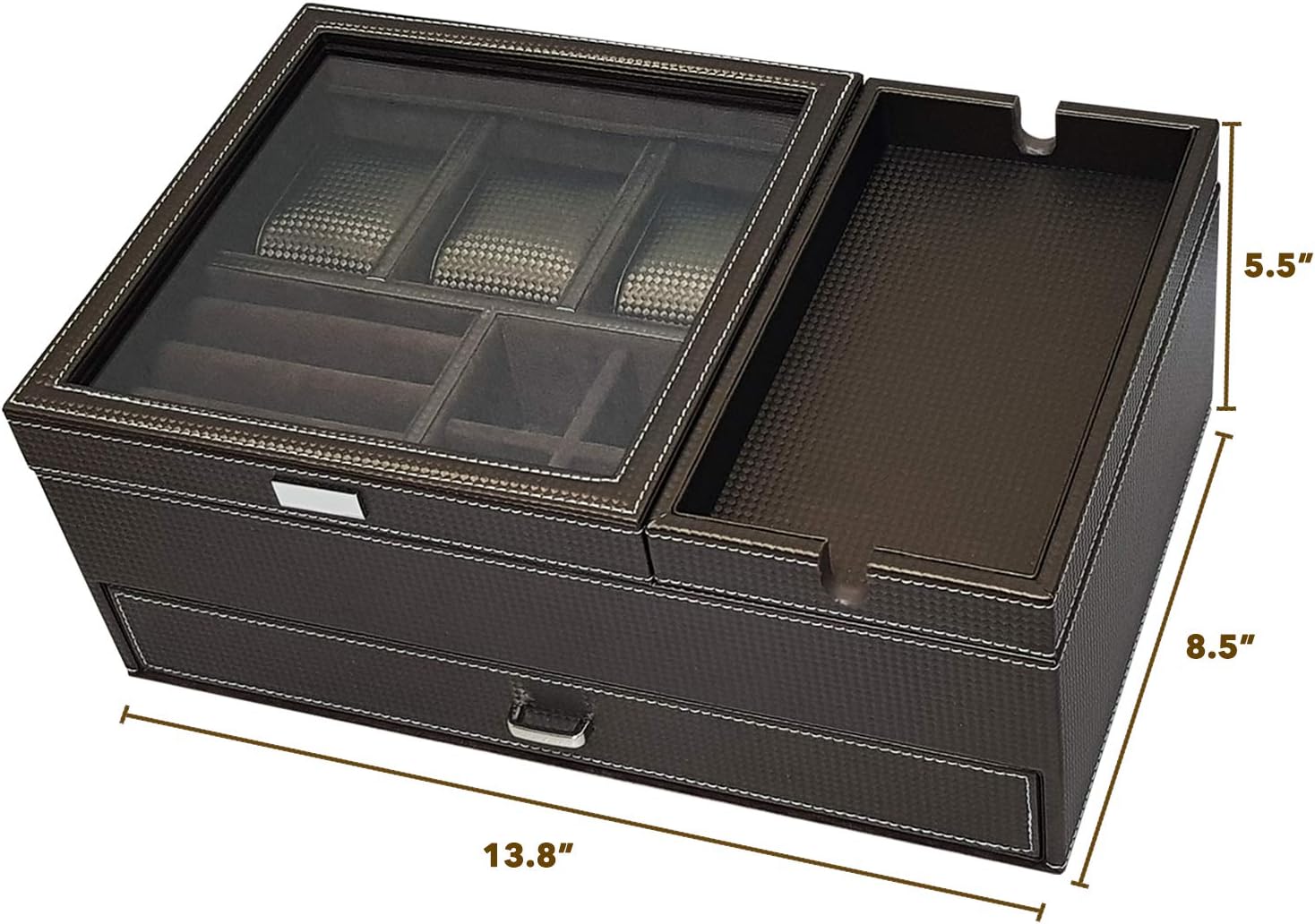 Amiglo Mens Dresser Valet Organizer with Charging Station, Nightstand Drawer Tray, Jewelry Accessories Watches Box, Carbon Fiber Design, PU Leather (Gold Brown): Home Improvement