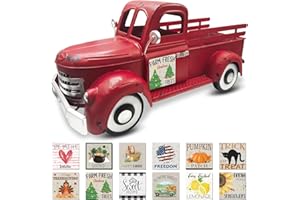 Teeloray Christmas Red Truck Decor 13.4 Inch Farmhouse Vintage Metal Truck with 12 Magnets Indoor Christmas Table Decorations for Home Kitchen Mantel Winter Holiday Xmas Interchangeable Seasonal Decor