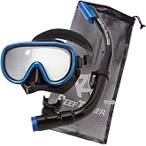 Reef Tourer Adult Single-Window Mask &amp; Snorkel Set, Semi-Dry Top, Purge Valve, Panoramic Wide View Tempered Glass Lens, Snorkeling Gear for Ages 10+ with Reusable Travel Mesh Bag, RC0105