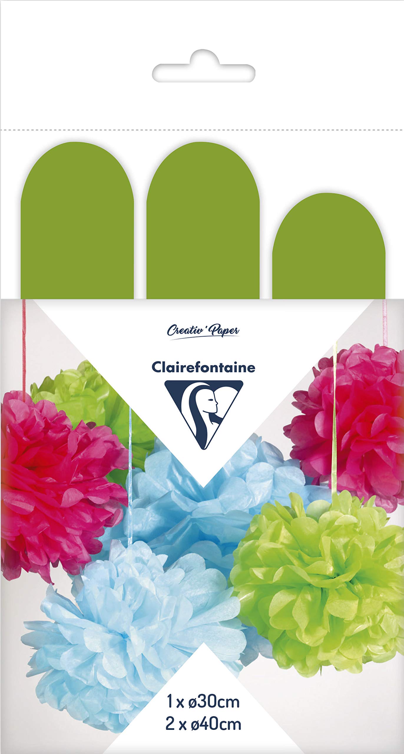 Clairefontaine 395419C - Set of 3 Apple Green Silk Pompons to Hang 1x 30cm Diameter 2x 40cm Diameter Marriage, Birthdays, Baby shower, Parties Decoration DIY