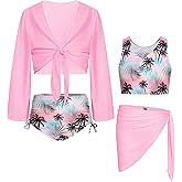 GRACE KARIN Girls Bathing Suit Adjustable Taniki Swimsuit Tie Front 4 Piece Bikini Set with Kimono Cover Up 6-14