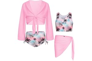 GRACE KARIN Girls 4 Piece Bathing Suit Taniki Swimsuit Tie Front Bikini Set with Kimono Cover Up 6-14