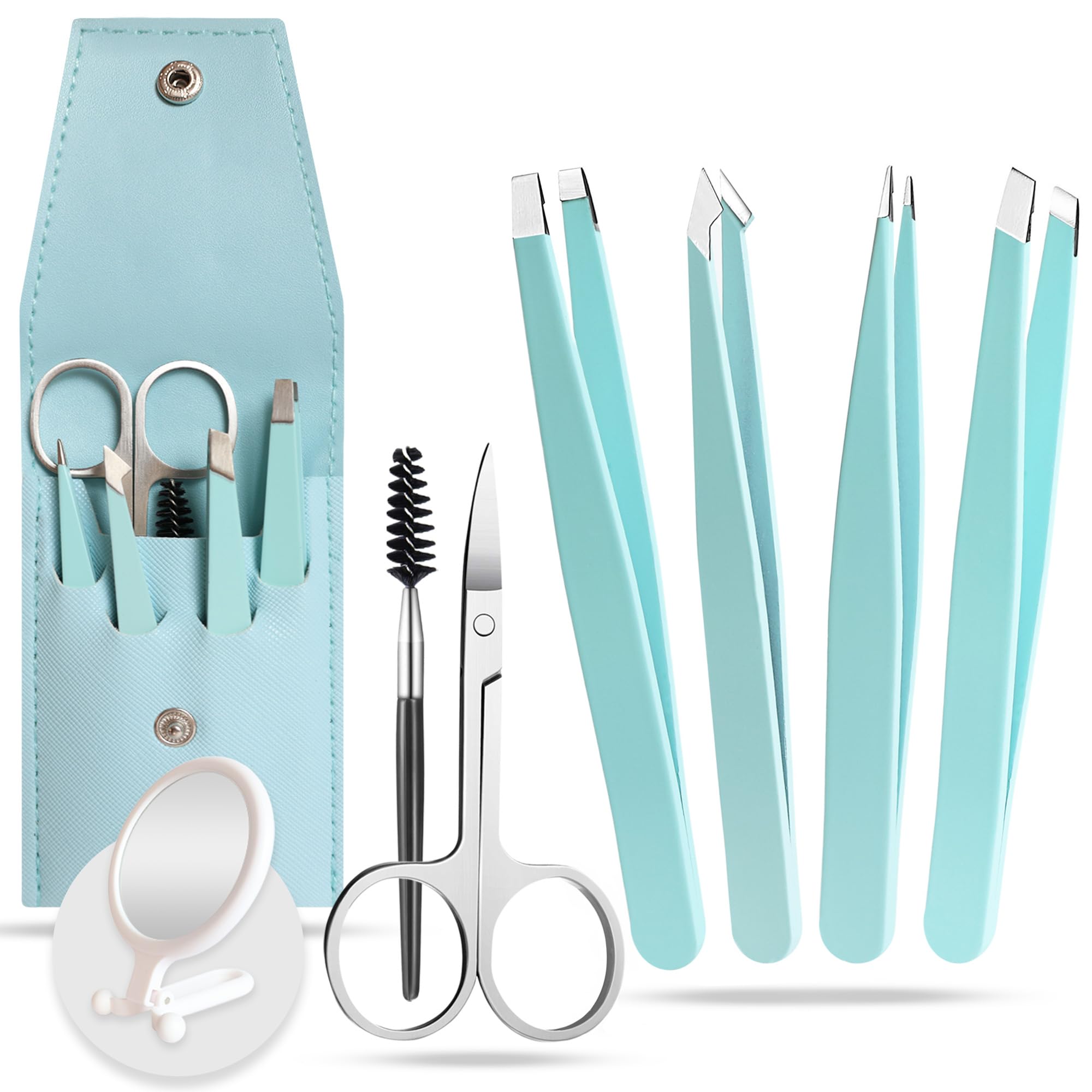 Eyebrow tweezers, professional tweezers, with magnifying mirror x 10, set of 4 types tweezers, an eyebrow brush and eyebrow scissors. Gift couple, professional eyebrow tweezers, tweezers eyebrow