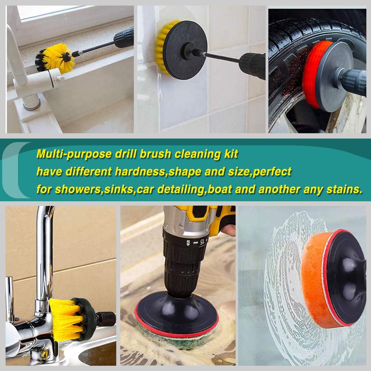 23 Piece Drill Brush Attachment Set, JUSONEY Power Scrubber Drill Brush Kit, Scrub Brush With Extend Long Attachment, Scrubing Pads Cleaning Kit For Tile Sealants, Bathtub, Sinks, Floor, Wheel, Carpet: Kitchen & Dining