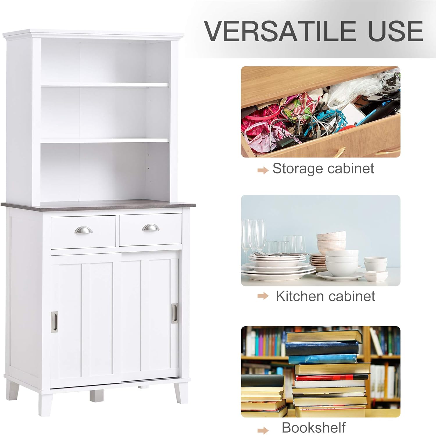 HOMCOM Freestanding Kitchen Pantry Cabinet Cupboard with Sliding Doors and Open Shelves, Adjustable Shelving, White: Furniture & Decor