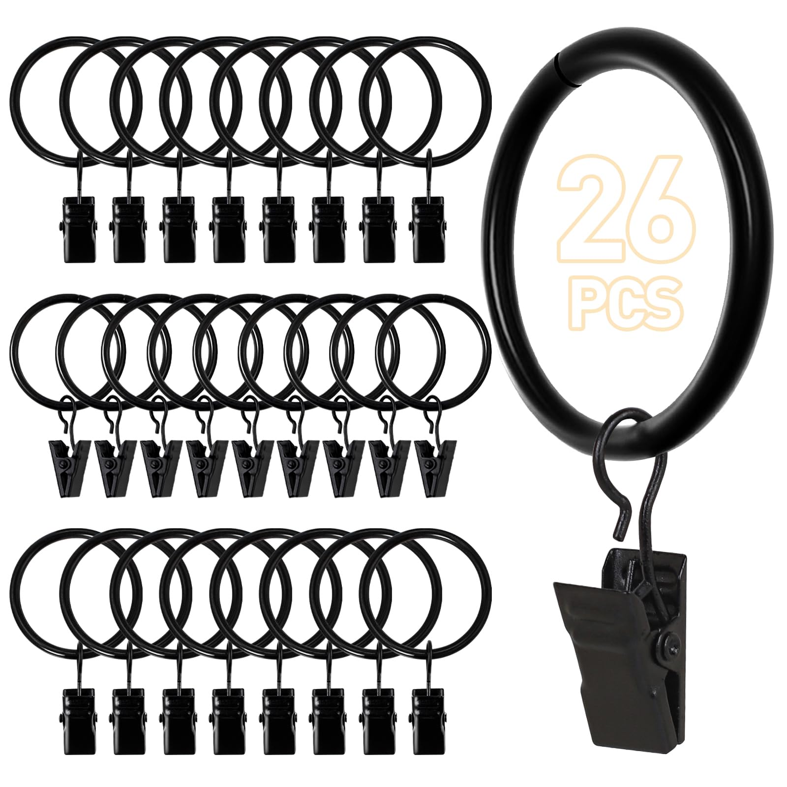 Photo 1 of Ninsula 26 PCS Curtain Rings with Clips, Curtain Hooks for Drapes, Curtain Clips with Rings 1.26” Interior Diameter, Black Curtain Rings Fit up to 1 inch Curtain Rod