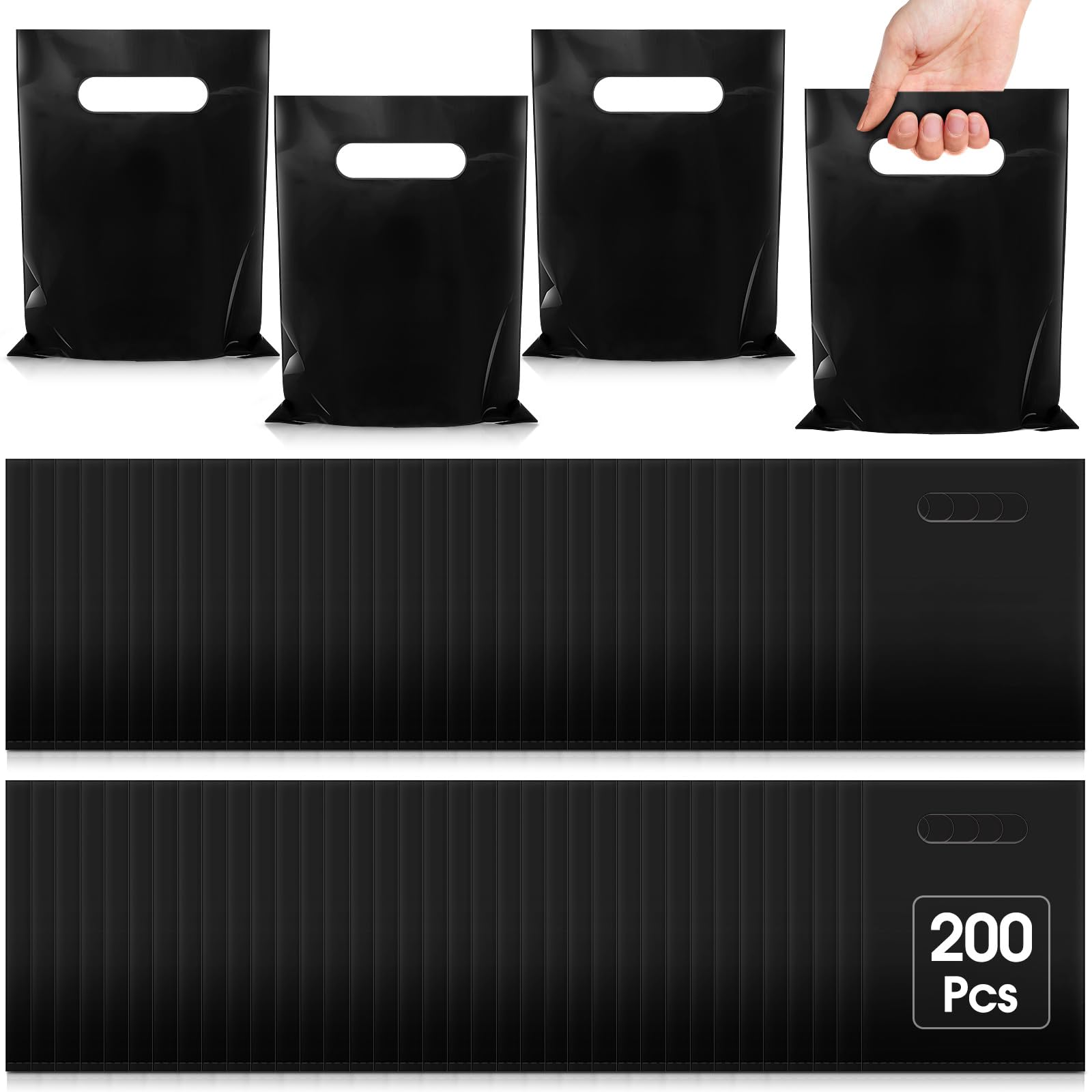 Photo 1 of Janlaugh 200 Pcs 2.5 Mils Black Small Plastic Bag for Business with Die Cut Handle 6 x 8 in Reusable Thick Merchandise Shopping Bag for Retail Glossy Boutique Treat Goodie Gift Wrapping Party