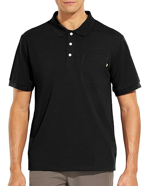 MIER MEN’S POLO SHIRTS POCKET SHORT SLEEVE QUICK DRY COLLARED GOLF SHIRT KNIT COLLAR FOR TENNIS, CASUAL,BLACK, L