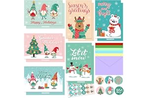 GRADESIN 24 Pack Winter Christmas Cards with Envelopes & Stickers, Blank Holiday Greeting Cards Bulk 4"x 6" Xmas Gnome Snowman Cards with Envelopes for Kids Friends Family, 6 Assorted Designs