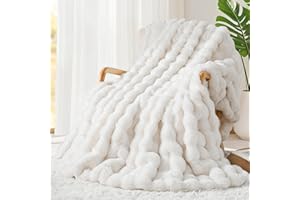 Touchat Luxury 1000GSM Faux Rabbit Fur Throw Blanket, Super Heavy Warm Cozy Blankets for Couch Bed Sofa, Bubble Plush Fuzzy Elegant Soft Reversible Mink Blanket for Living Room Bedroom, Cream White