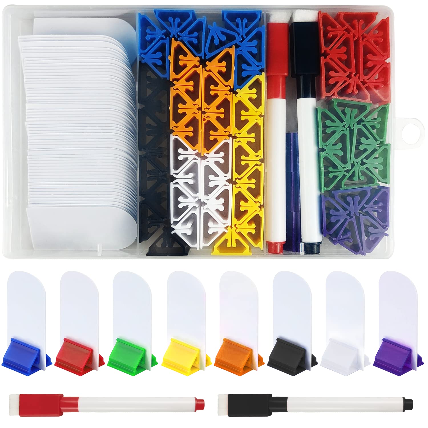 130-SET Game Card Stand & Marker Set - 8 Colorful Game Card Stands, 2-in-1 Marker Pens (Red+Black), Party Favor, Storage Box Included