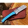 LH LIMASSOL Custom Handmade Damascus steel Bull cutter knife, cowboy knives with pancake leather sheath