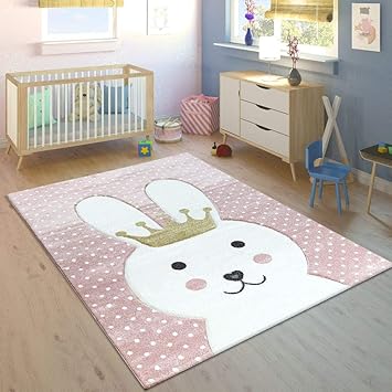 Kinderteppich Kinderzimmer Konturenschnitt Gepunktet Hase Krone Pastell Rosa, Grösse:120x170 cm