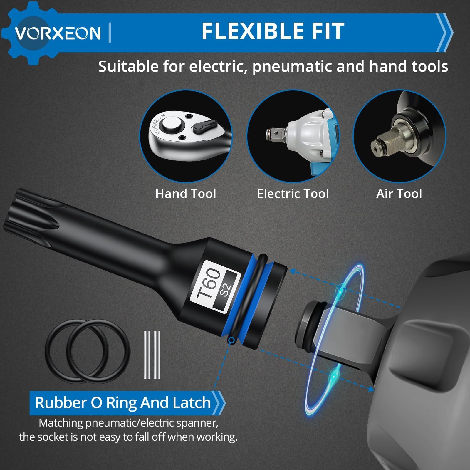 VORXEON 8-teiliges 1/2 Torx-Steckschlüssel-Set en S2 Stahl s*per Hard T30 T40 T45 T50 T55 T60 T70 T80 1/2 Drive Impact Star Bit Steckschlüssel-Set mit Aufbewahrungskoffer für elektrische 5