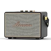 Lonzuer Vintage 80Watts No Distortion Wireless Bluetooth Wooden Portable Retro Blue Tooth Home Speaker with Deep Bass Subwoofer Fabric Grill Leather Strap Handle-Black