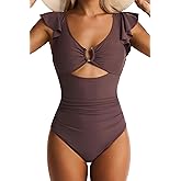 EVOCRCO Women's One Piece Swimsuits Tummy Control Ruffle Bathing Suit Cutout Slimming Swim Suit V Neck Ring Linked Swimwear