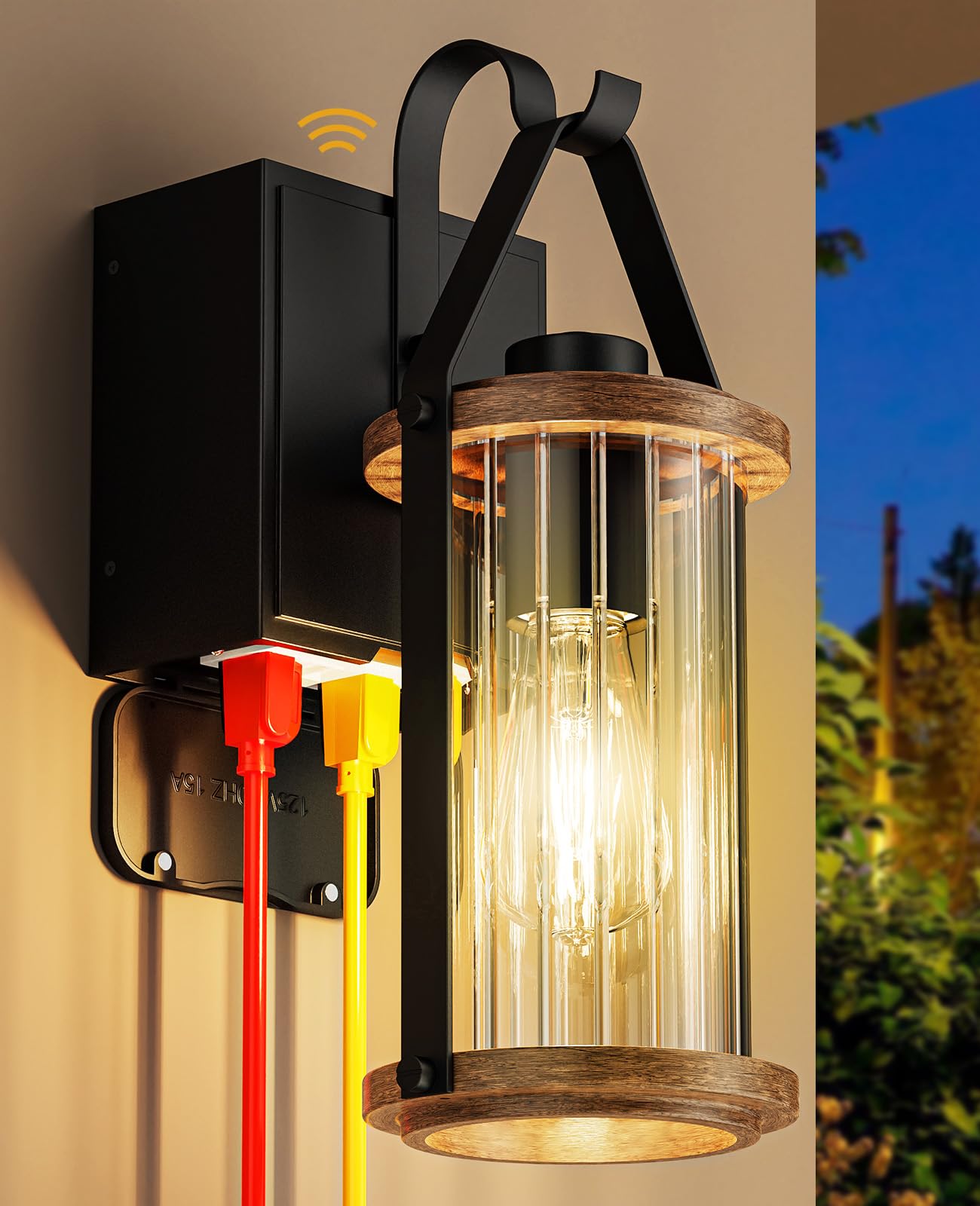 Photo 1 of NookNova Porch Light with Outlet GFCI Dusk to Dawn Outdoor Lights 1 Pack for House Waterproof Exterior Lighting Fixtures Wood Effect Glass Modern Front Porch Garage Black