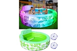LANBLU Inflatable Pool with Pool Lights, Oversized Thickened Blow Up Pool with Seat, Family Inflatable Pool for Audlts, 90"x90"x24" Large Inflatable Kids Pools for Backyard, Kiddie Pool Outdoor (Cyan)