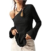Milumia Women's Y2k Off The Shoulder T Shirt Hippie Long Bell Sleeve Asymmetrical Going Out Tops