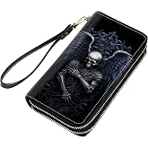 stmedazm Skull with Wings Print Women Large Capacity PU Leather Double Zipper Wallet, Multifunctional Clutch Purse for Cash/Card/Coin/Smart Phone