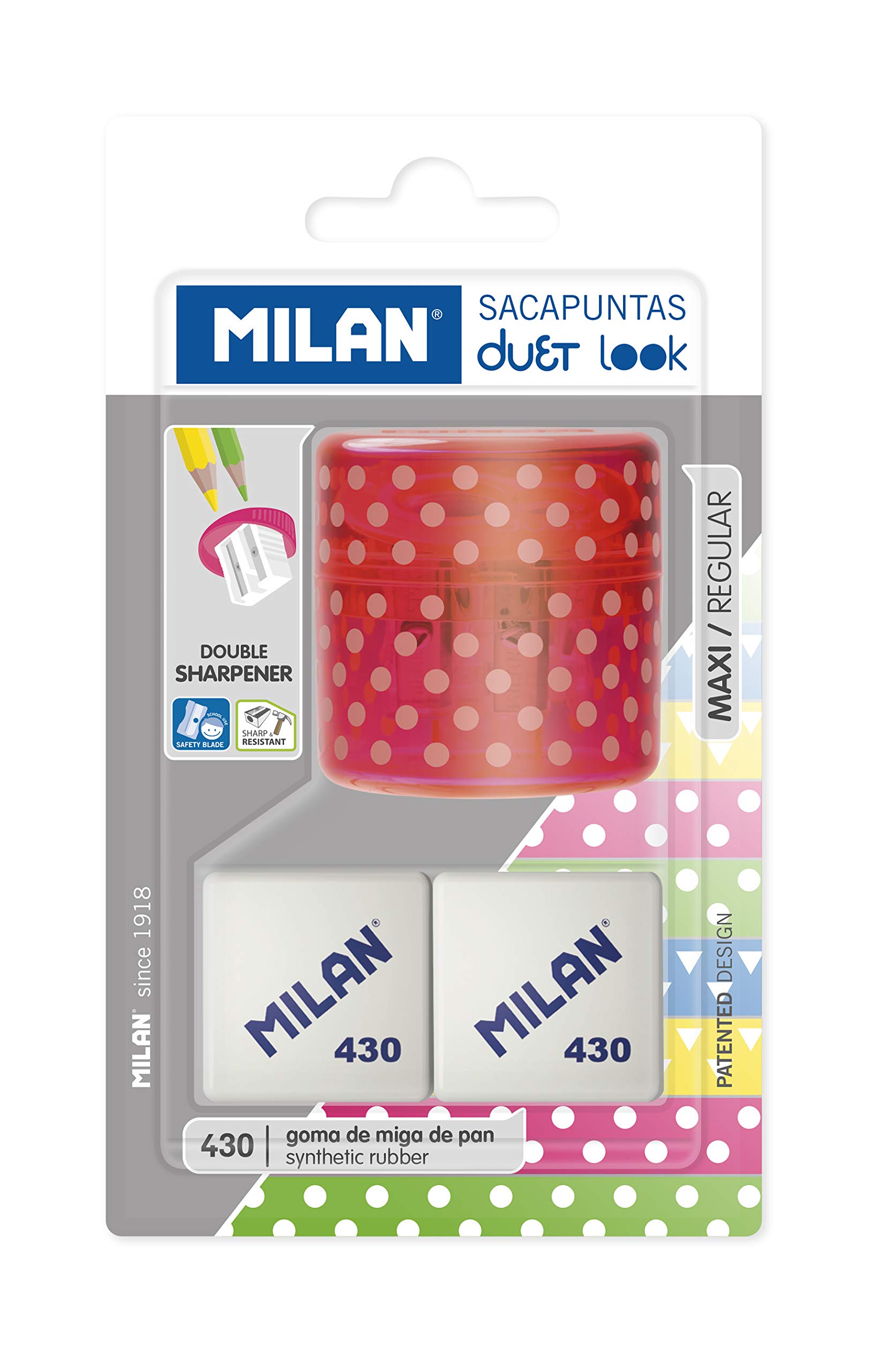 MILAN Blister pencil sharpener Duet Look pink with 2 erasers 430