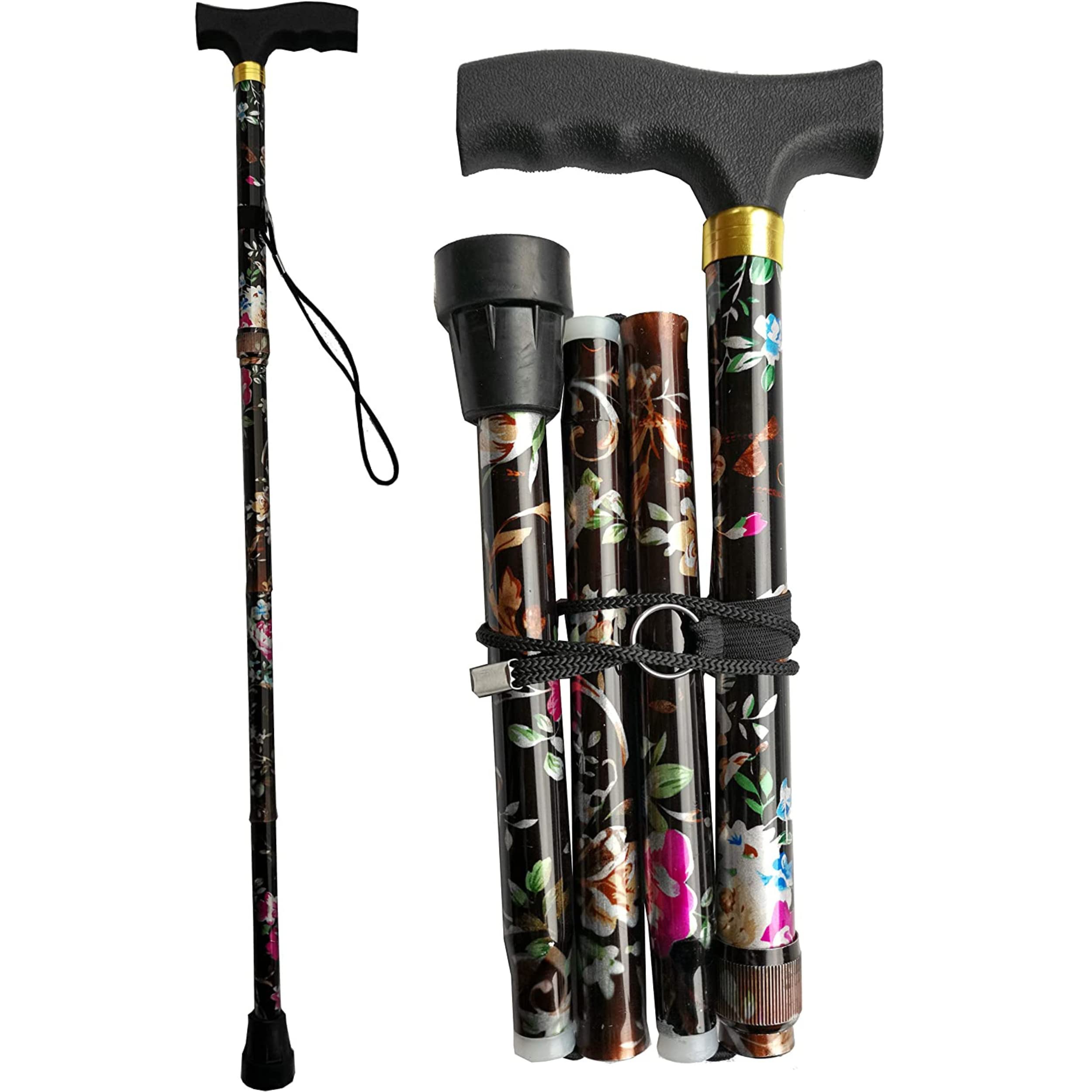 Glamified - Adjustable Folding Walking Stick, Portable Cane with Ergonomic Handle, Non-Slip Base, Lightweight, Height Adjustable (Black Flower)