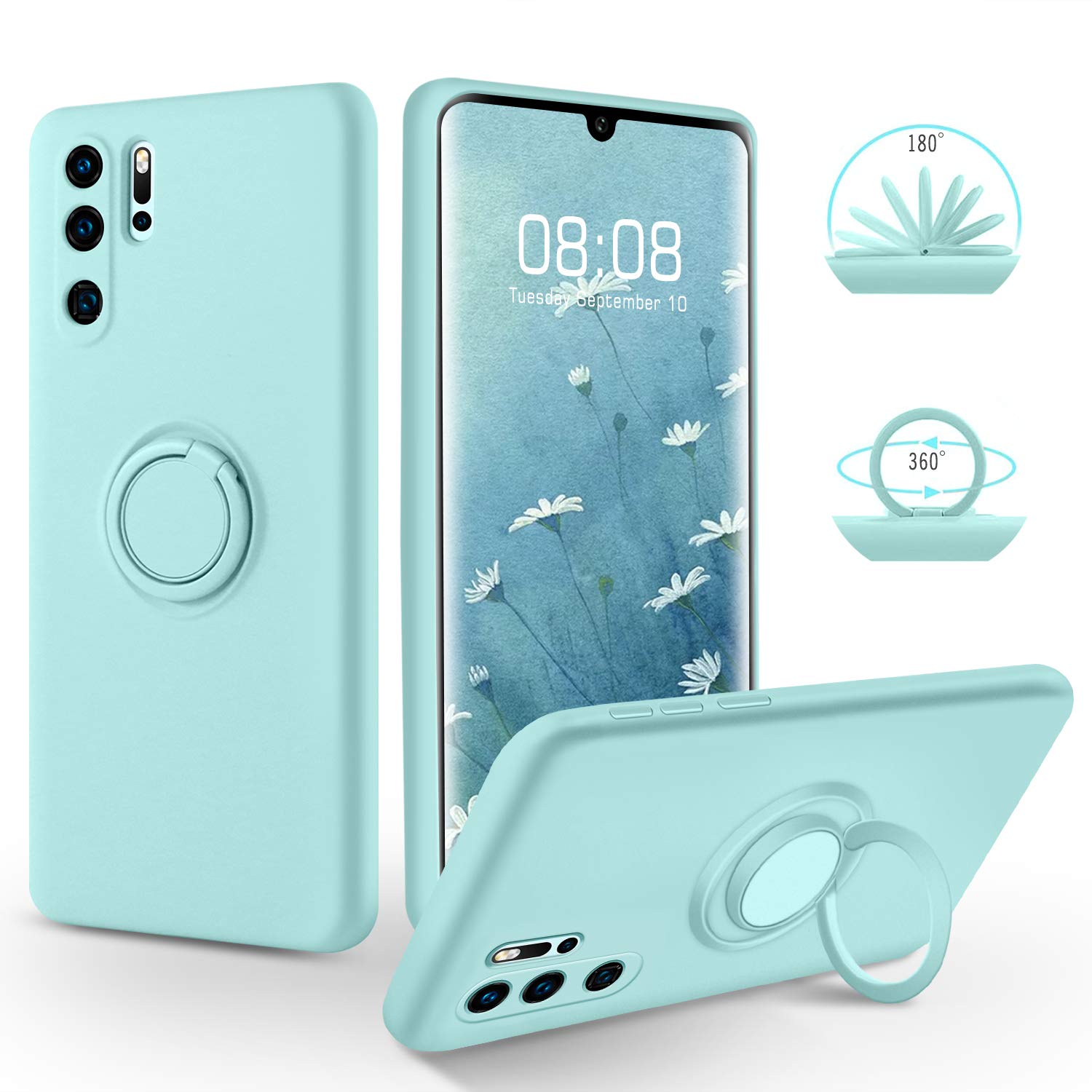 SouliGo Huawei P30 Pro Case Silicone Soft Gel Rubber Cover, 360° Ring Holder Kickstand for Magnetic Car Mount Slim Anti-Scratch Protective Shockproof Phone Case for Huawei P30 Pro 6.47" - White