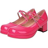 LUXMAX Women Patent Leather Mary Janes Block Heel Platform Pumps Ankle Strap Buckle Chunky Heel Pumps Closed Square Toe Dress Shoes