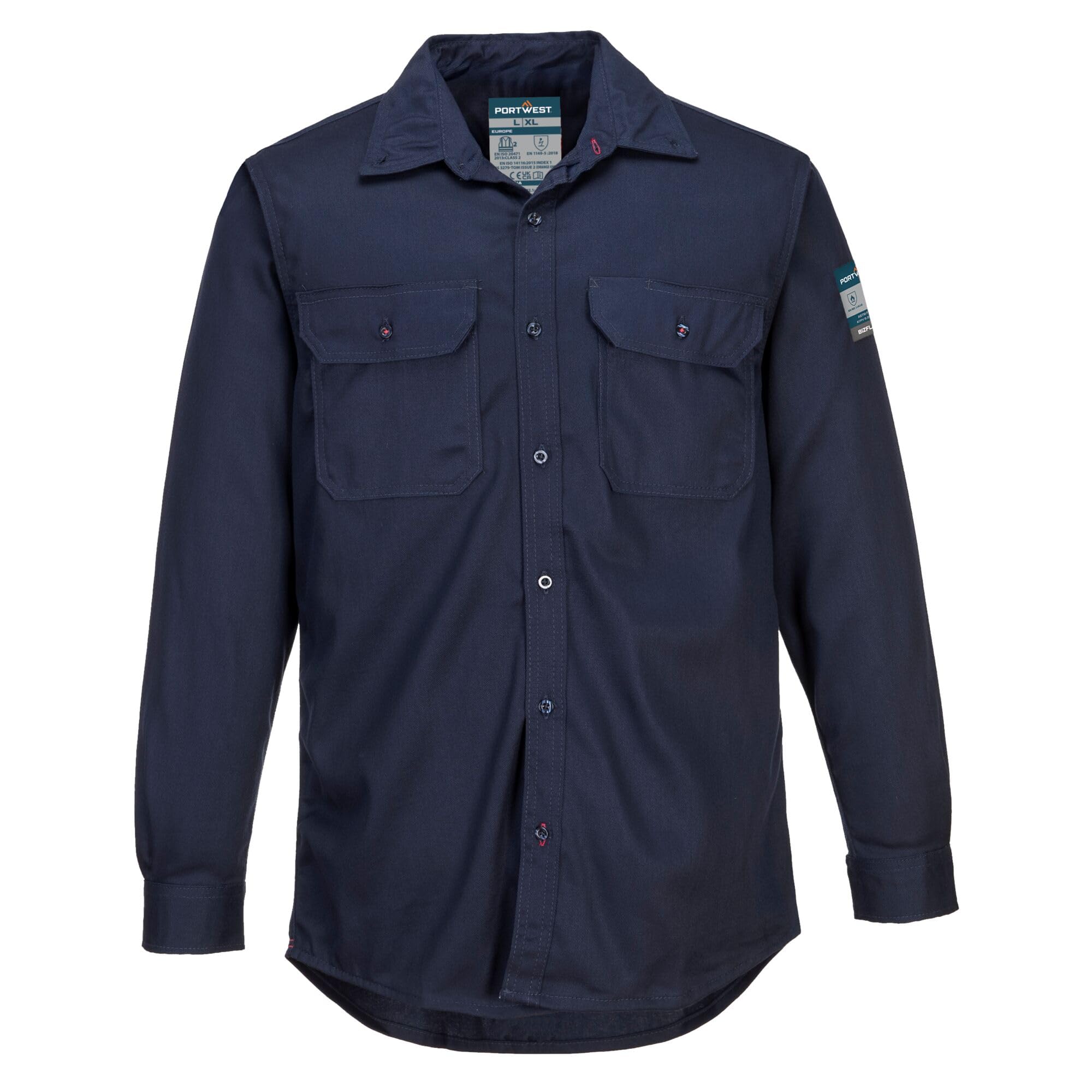 Portwest FR89 Bizflame 88/12 Lightweight FR Shirt Flame-Resistant ARC2 Protection CE Certified UV Resistant Durable Workwear Chest Pockets Adjustable Cuffs Breathable Fabric Comfortable Fit, Navy, 4XL