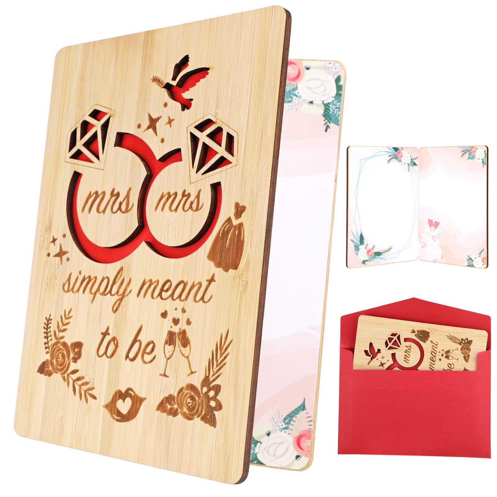 HOWAF Mrs and Mrs Wedding Card, Wooden Congratulations Card Anniversary Cards, Engagement Cards for Mrs and Mrs Wedding Gifts, Lesbian Couple Bridal Shower, Engagement Gifts