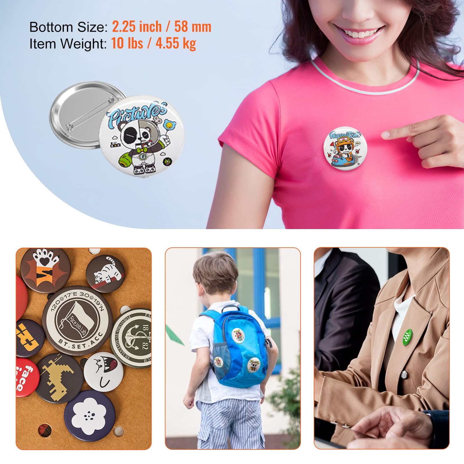 VEVOR 500 Sets 2.25 inch 58mm Pin Back Button Parts, DIY Round Button Badge Parts, Set Includes Metal Top, Plastic/Metal Button, Clear Film, and Blank Paper for Gifts Presents, Machine NOT Included