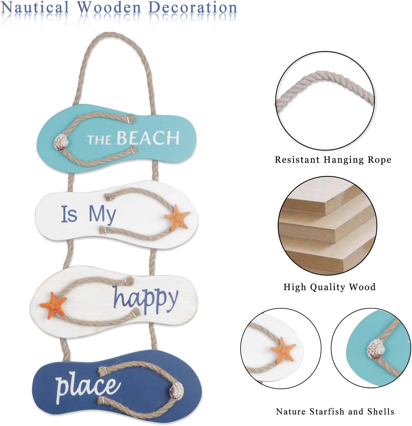 YiYa Nautical Beach Flip Flop Wall Ornament, Wooden Slippers Hanging Decoration Ocean Home Decor for Wall and Door White, Blue - Image 4