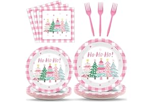 CHUNNIN 96Pcs Pink Christmas Trees Paper Plates and Napkins Xmas Watercolor Party Decorations Pink Xmas Trees Disposable Tableware Set for Kids Girls Winter Holiday Birthday Home Party Supplies