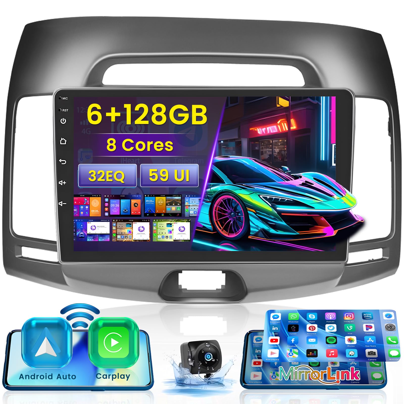 Photo 1 of [8 Core 6G+128G] Android Radio for Hyundai Elantra 2007-2010 with Wireless Carplay Android Auto, 9 Inch IPS Touch Screen Car Stereo, Bluetooth 5.0, 32 EQ, GPS, 5GHz WiFi, 59UI + Backup Camera