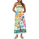Ehoomely Women Spaghetti Strap Graffiti Maxi Dress Sleeveless Loose Boho Flowy Long Sundress Colorful A Line Beach Sundress