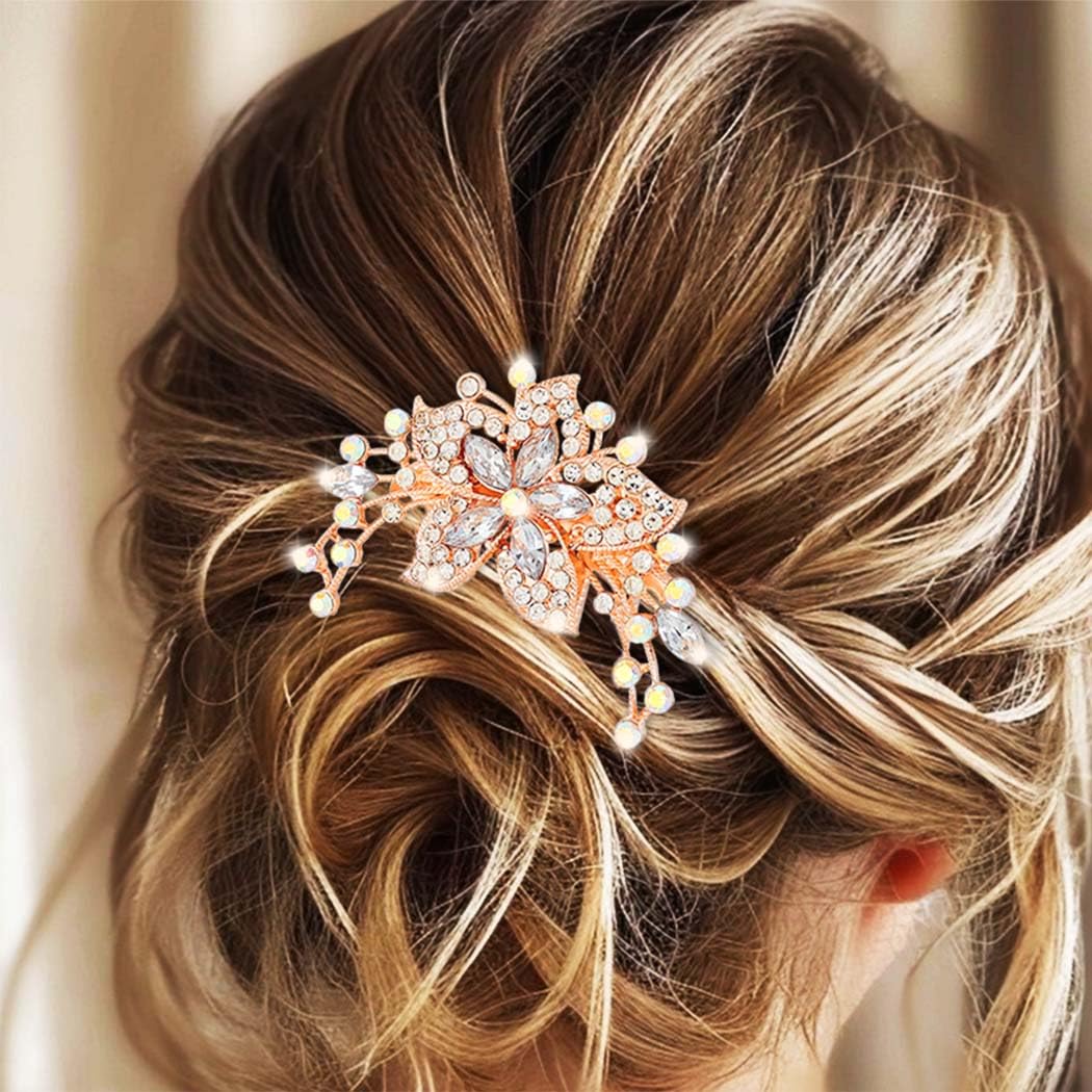 Jovono Rhinestone Bridal Hair Comb Gold Bride Wedding Flower Crystal Hair Piece Vintage Hair Accessories for Women (Clear)