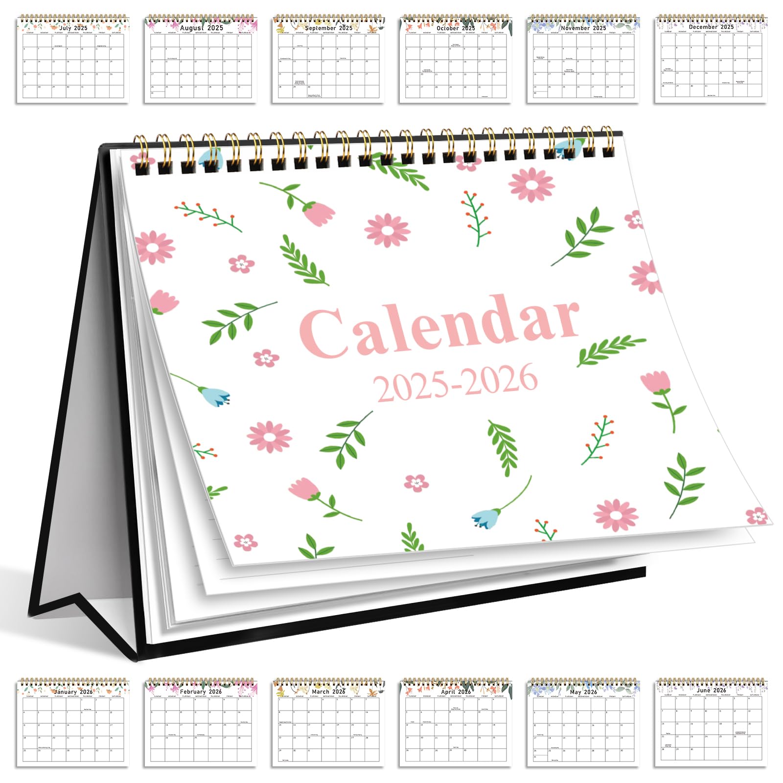 View 1 of ********* pack of****10***Gannyfer 2026 Desk Calendar, Small Standing Flip Desk Calendar, Use Now to Dec 2026, 18-Month Simplicity Desktop Calendar for Home, School, Office, 6" x 8", Pink Floral (3 Stickers Included)