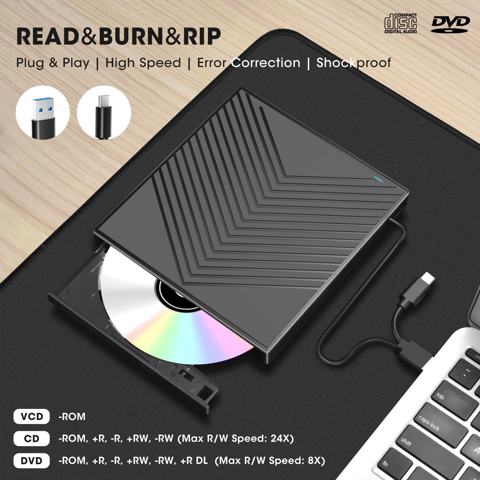 Mua ROOFULL External CD DVD Drive, USB 3.0 & USB-C CD/DVD Burner Player ...