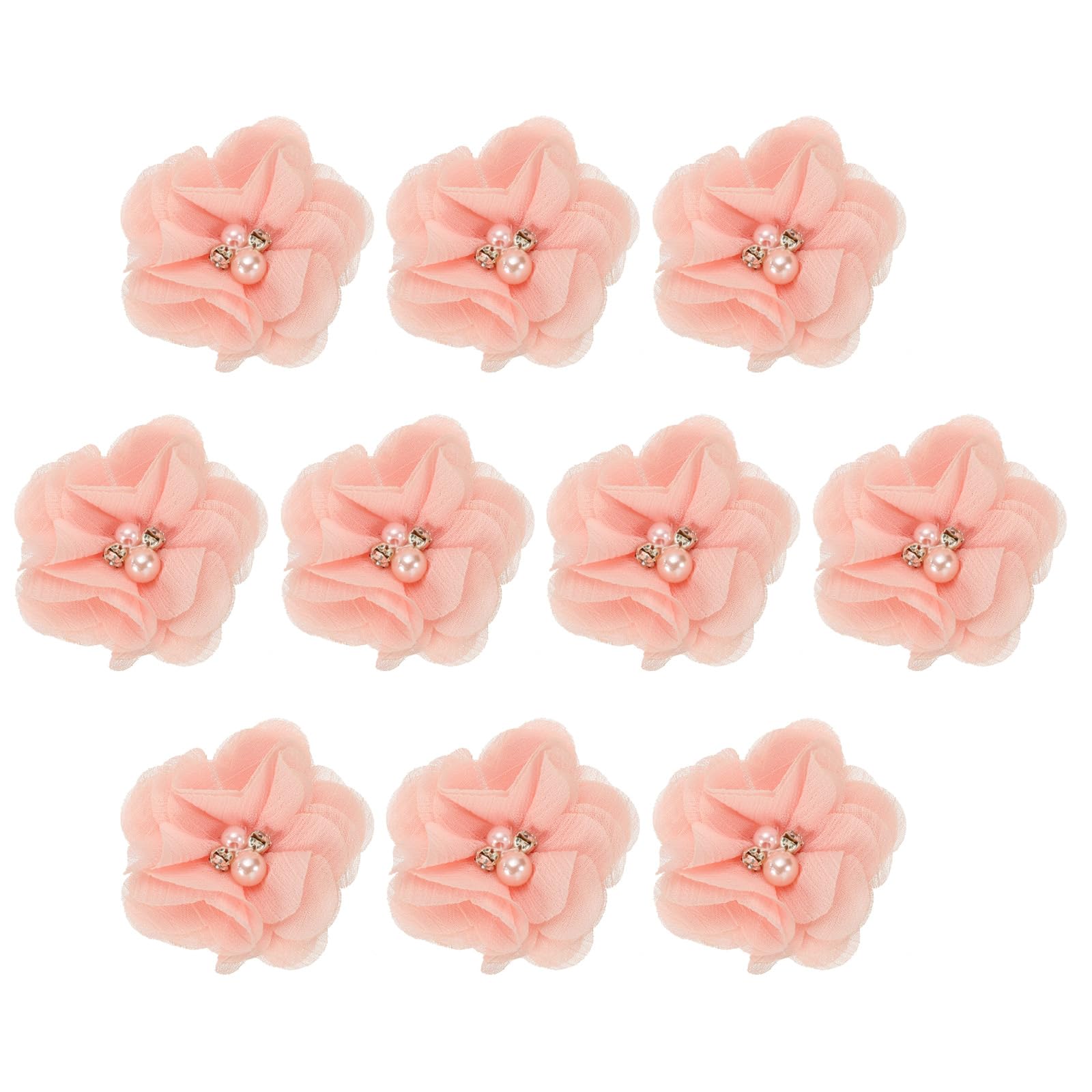 PATIKIL 2" Chiffon Flowers, 10Pcs Fabric Flowers Sewing Appliques Embellishments with Rhinestone Pearl for DIY Crafts Wedding Headbands Party Decoration, Apricot