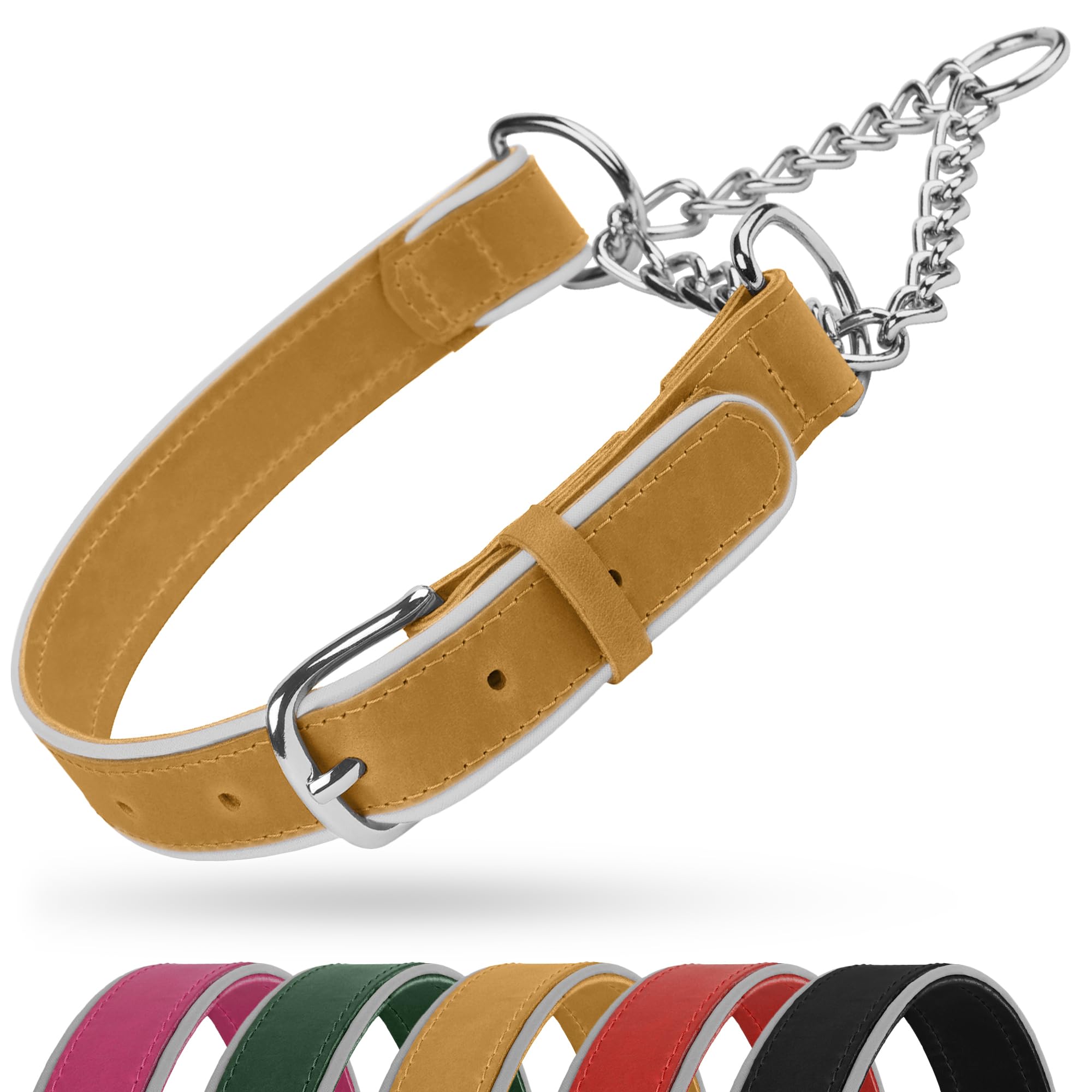 OOPSDOGGY Leather Martingale Dog Collar - Reflective Adjustable No Pull Stainless Steel Chain Training Collars for Small Medium Large Dogs Puppy (Camel, Small, 12"-15.5") — image 1