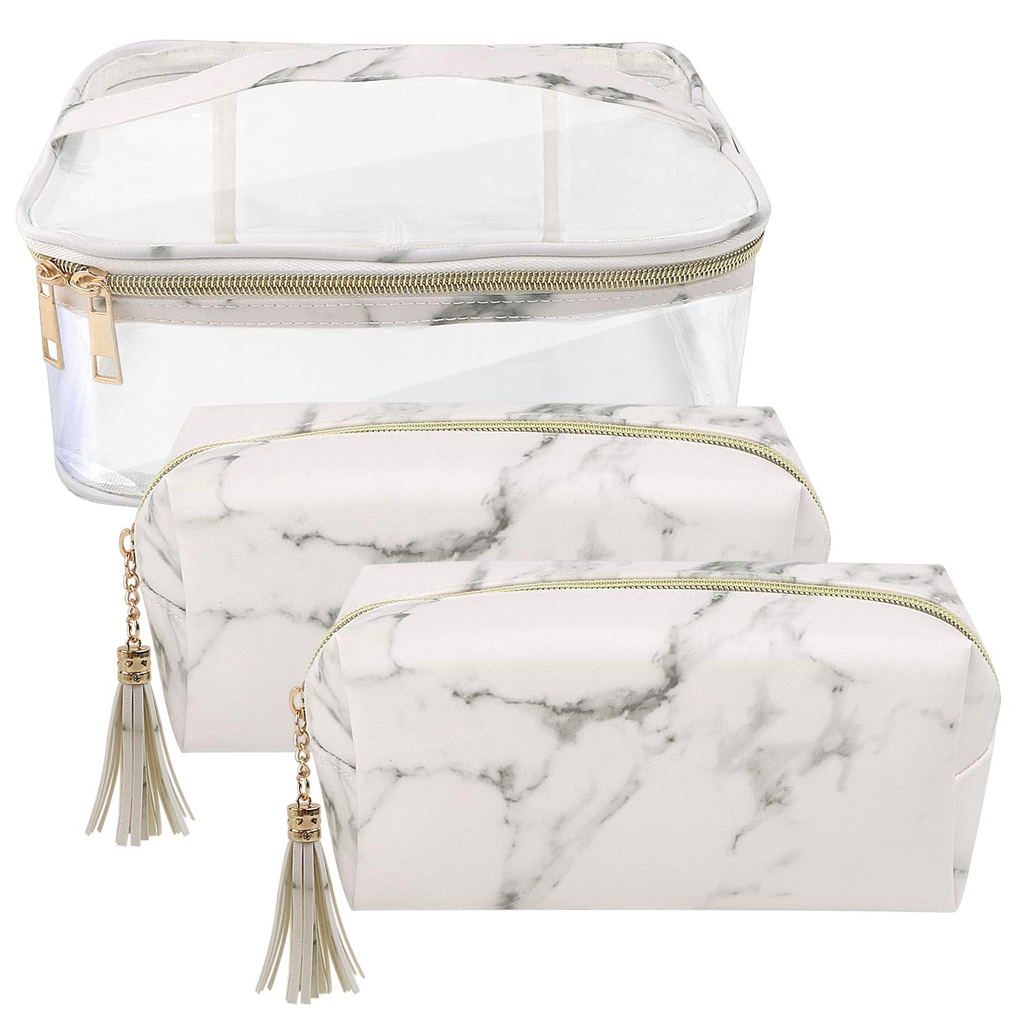 Marble Cosmetic Bag for Women 3PCS Set by NATURE Ann Lady Toiletry Bags Set Portable Storage Bag Waterproof Handbag Travel Organizer Makeup Case (Transparent+White-Marble)