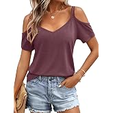 Eachyes Womens Summer Cold Shoulder Tops Short Sleeve Deep V Neck T Shirts | Off Shoulder, Low Back, Sexy, Dressy Casual, Cute, Loose, Flowy, Concert, Going Out, Spaghetti Strap, Date Night Clothes