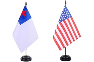 JBSJBS Christians Desk Flag 12" Solid Pole Deluxe Set Christians Flags Banner Mini Small Christians Office Table Flags with Black Stand Base Desktop Decorations(2Pack)