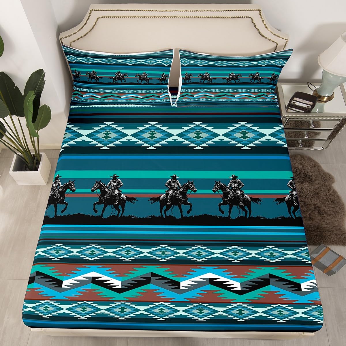 Southwestern Bed Sheet Set Double Western Fitted Sheet for Kids Boys Girls Decor Cowboy Print Bedding Set Tribal Horse Blue Bed Cover Deep Pocket Bedroom